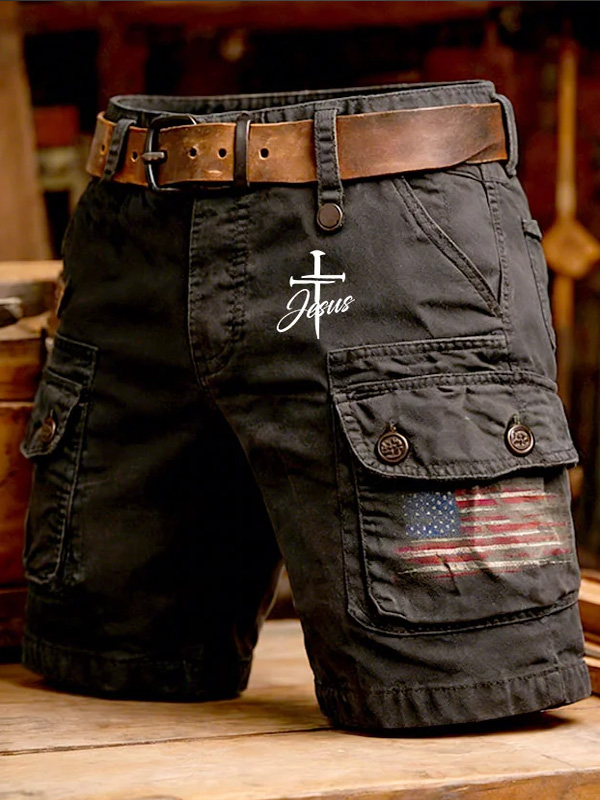 Men's American Flag Jesus Nail Cross Graphic Print Denim-Like Cargo Shorts
