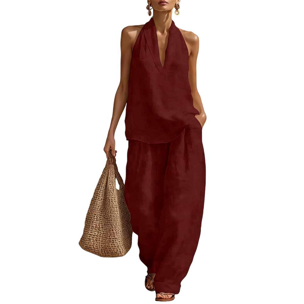 Women's Halter Neck Linen Two Piece Outfit – Casual Sleeveless Top and Wide Leg Pants Set