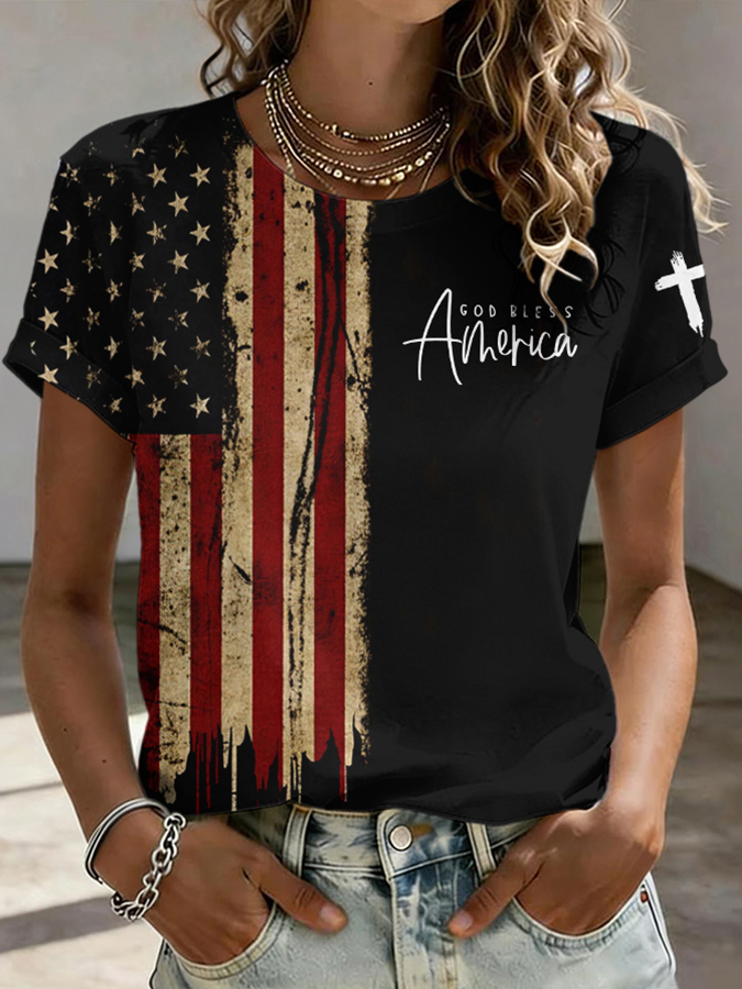 Women's God Bless America  Printed Casual T-shirt