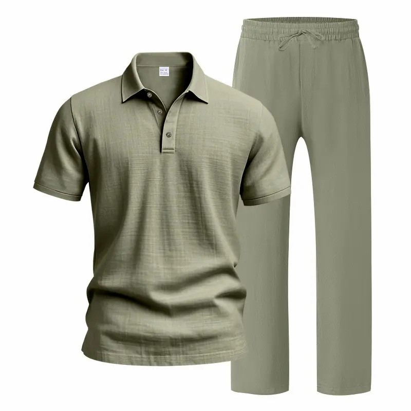 Men’s Linen Beach Two Piece Set, Casual Short Sleeve Button Down Shirt and Loose Long Pants Set