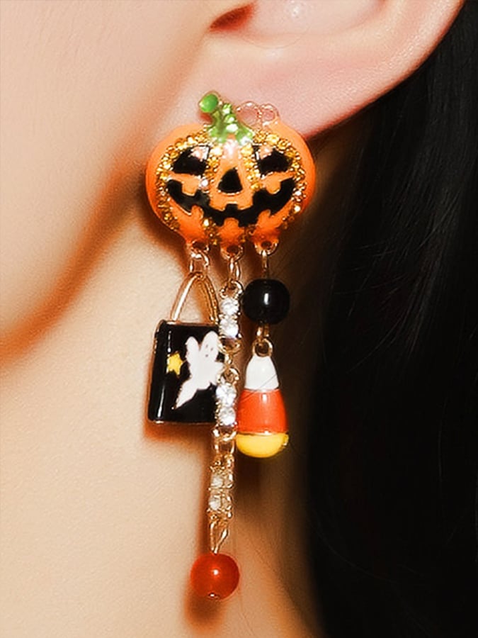 Orange Halloween Rhinestone Pumpkin Ghost Earrings
