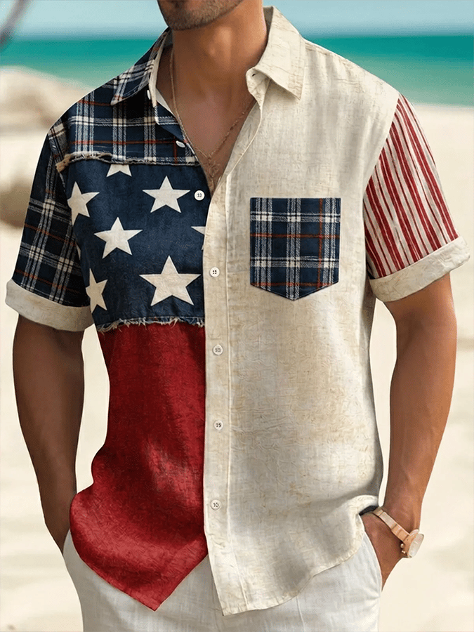 Men's Casual Flag Independence Day Print Pockets Shirt