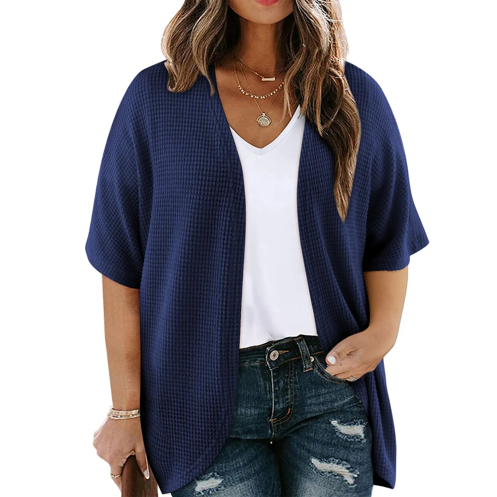 Women's Plus Size Cardigan Casual Short Sleeve Waffle Knit Kimono Open Front Tops(1X-5X)
