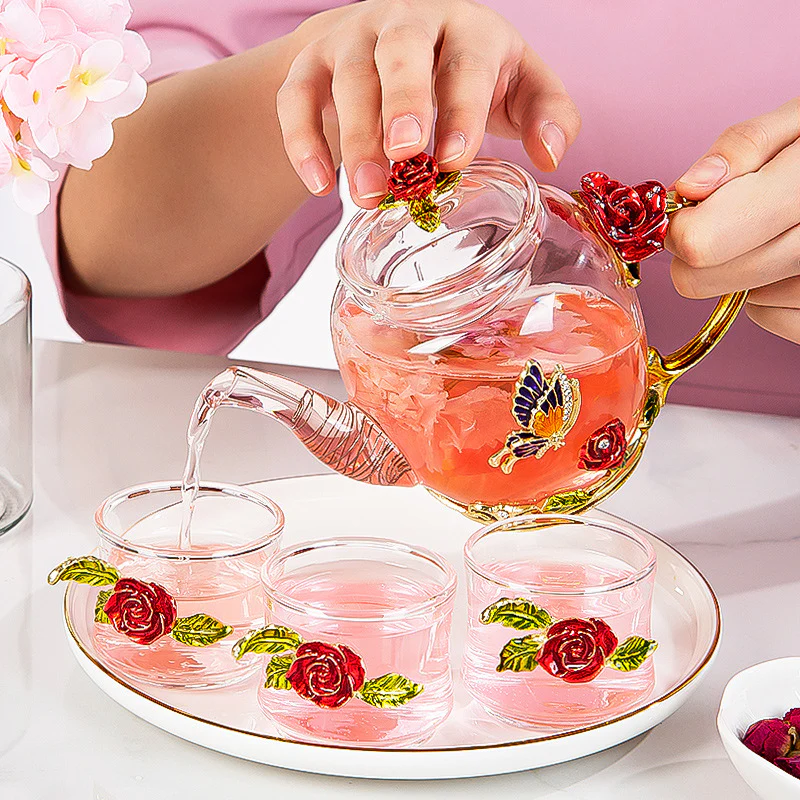 Enamel Flowers & Gold Trim Glass Tea Set