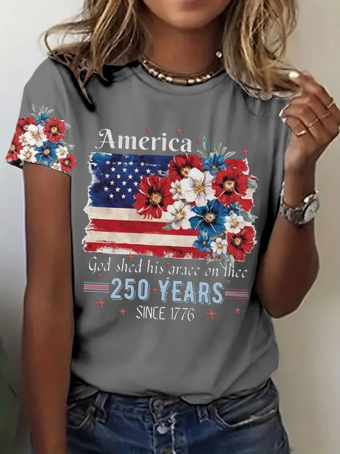 Ladies' Casual 250Th Anniversary Celebration Of The Founding Of The United States Floral Print Round Neck T-Shirt