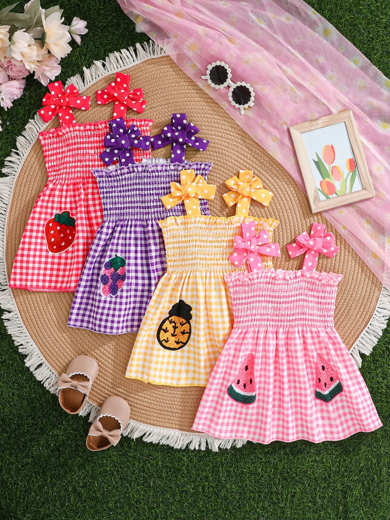 🌞 Cute & Sweet Summer Set for Girls! Plaid & Fruit Prints, Bow Shoulder Straps, 4-Piece Versatile Kids' Outfit for Summer Fun! 👗🍉