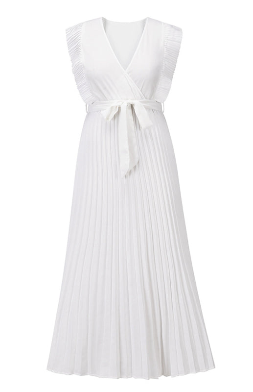 Beach Lotus Leaf Sleeve Chiffon Pleated Skirt Solid Color Dress