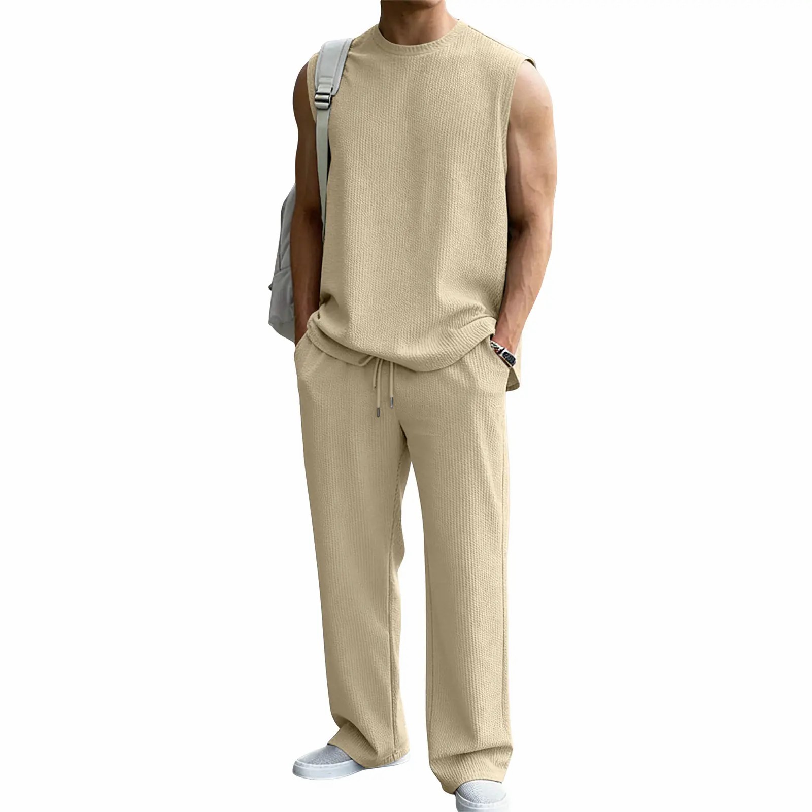Men’s 2-Piece Ribbed Knit Sleeveless Sweatsuit Set – Summer Baggy Fit Tank & Wide Leg Pants