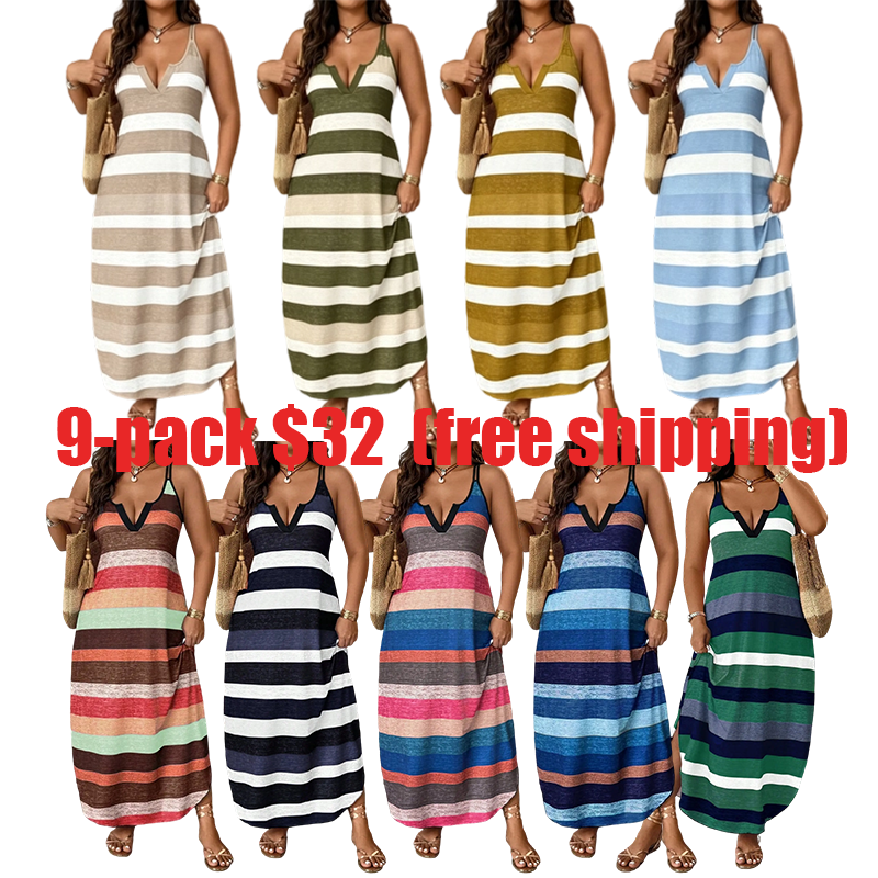 Plus Size Women's Rainbow Striped V-Neck Thin Strap Long Dress – Slimming Bodycon Vacation Style Elegant Comfortable Dress