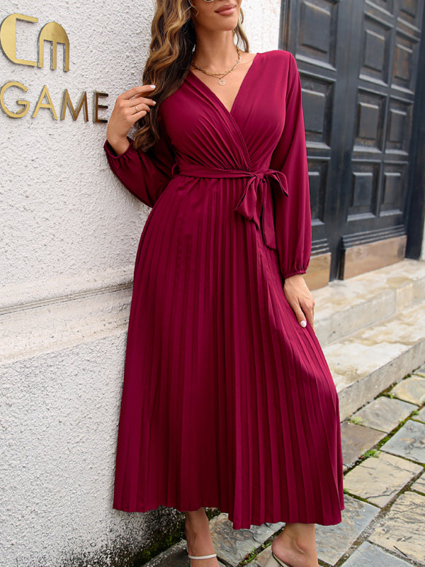 Cross V-Neck Large Pleated Midi Skirt