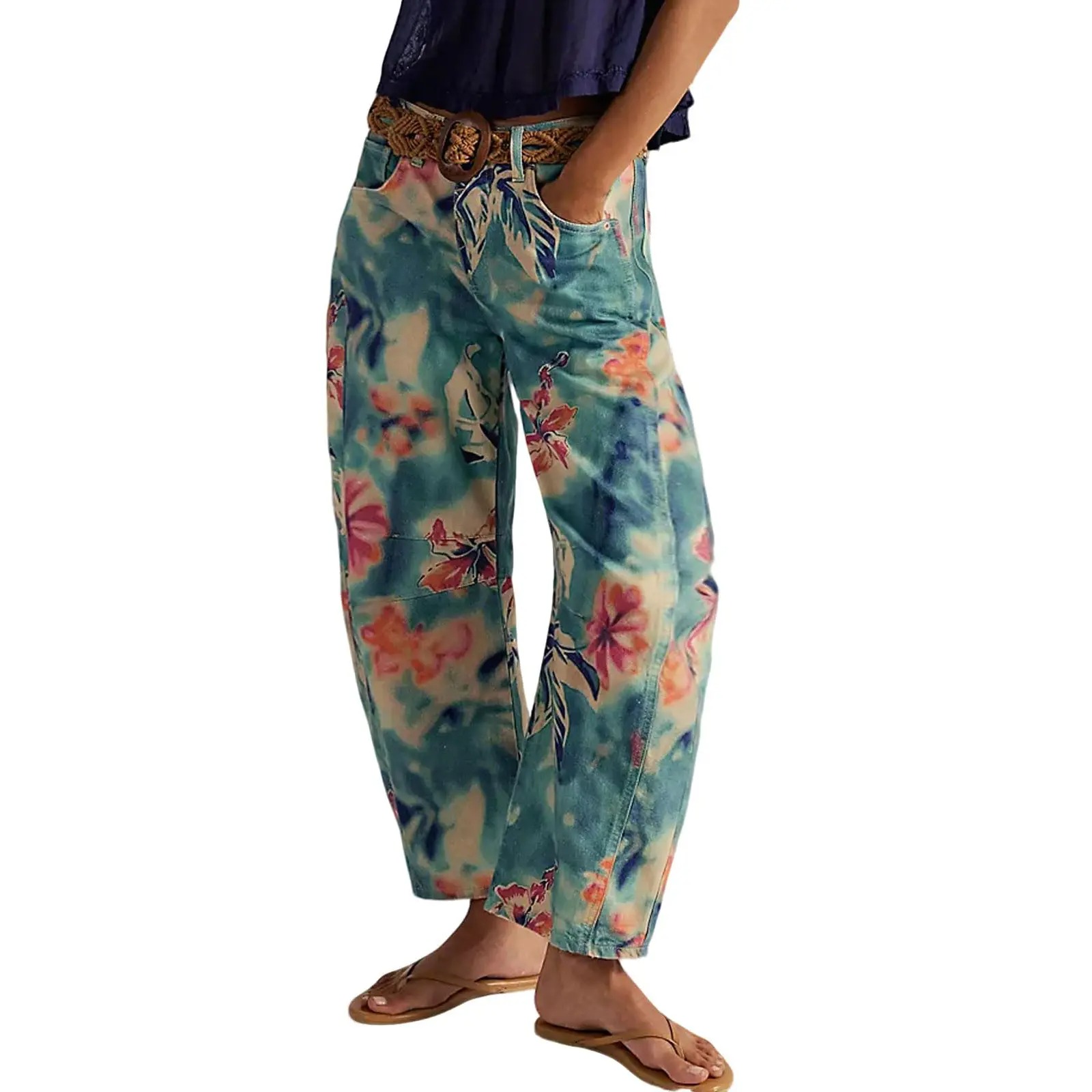 Women’s Printed Wide-Leg Denim Jeans – Y2K Loose Mid-Rise Boho Style