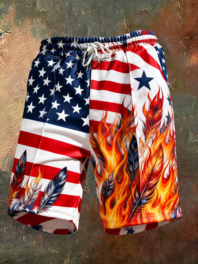 Men's American Flag Flame Feather Print Drawstring Casual Shorts