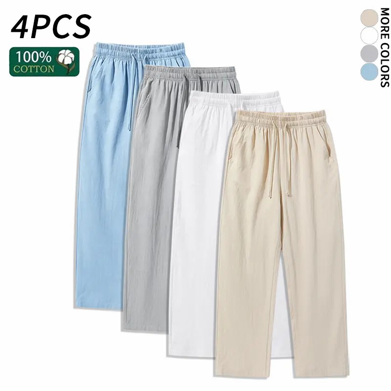 4-Pack 100% Cotton Linen Wide Leg Pants | Breathable Drawstring Summer Pants for Men & Women