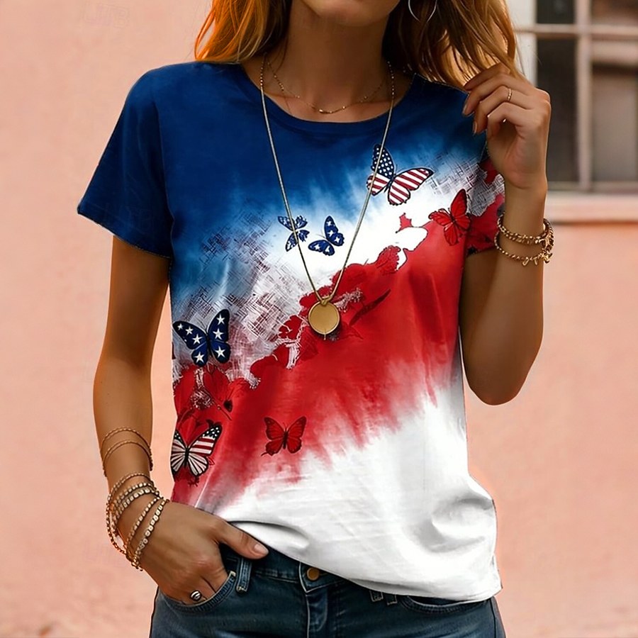 Ladies' Casual US National Day Celebration Butterfly Gradient Printed Round Neck T-Shirt