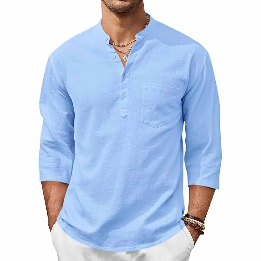 Mens 70% Cotton 30% Linen Shirts Casual Cotton 3/4 Sleeve Regular-Fit Henley T-Shirt Summer Lightweight Beach Yoga Tops
