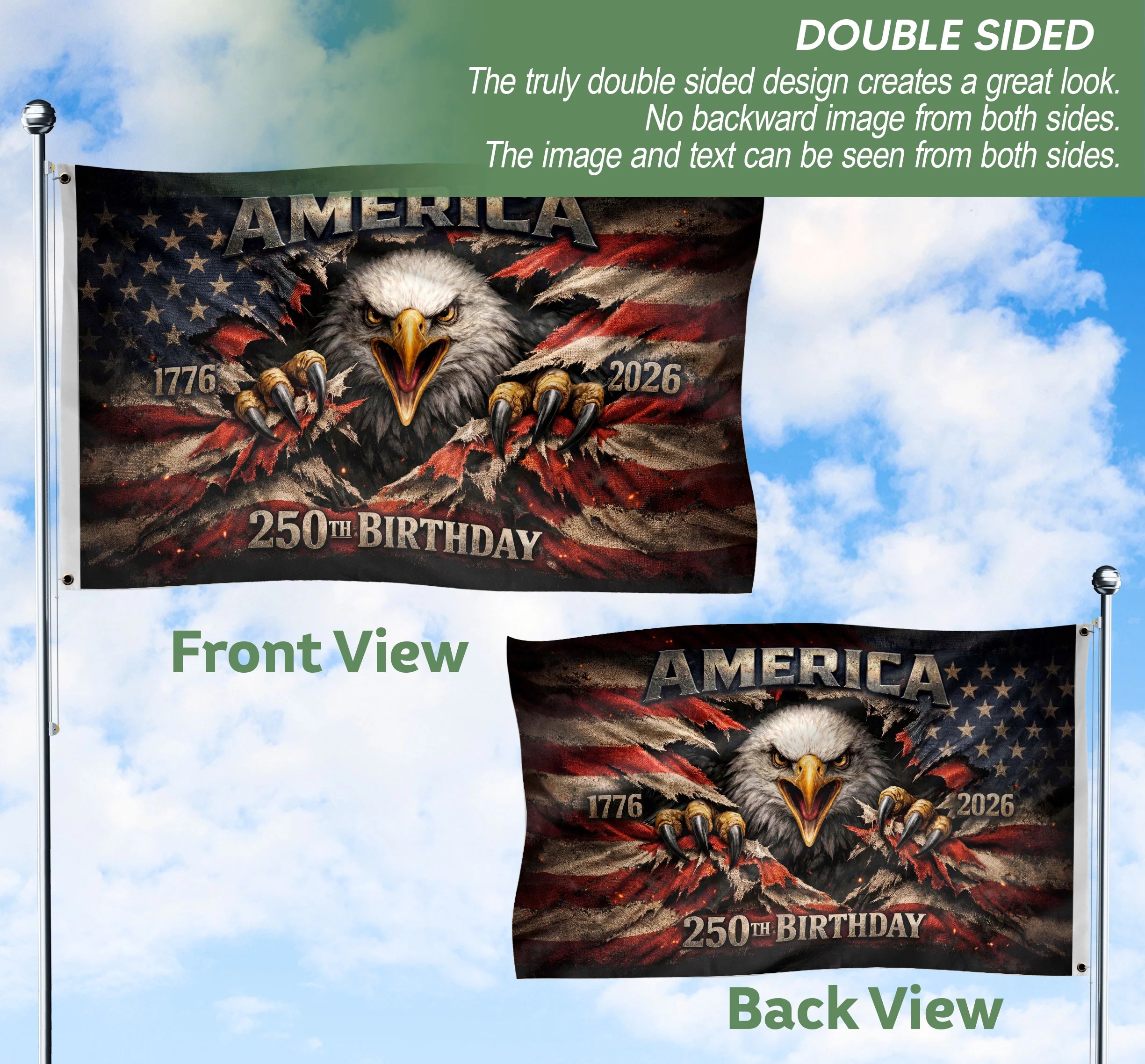 1776-2026 USA 250th Anniversary Flag – Patriotic Eagle Double Sided Ho