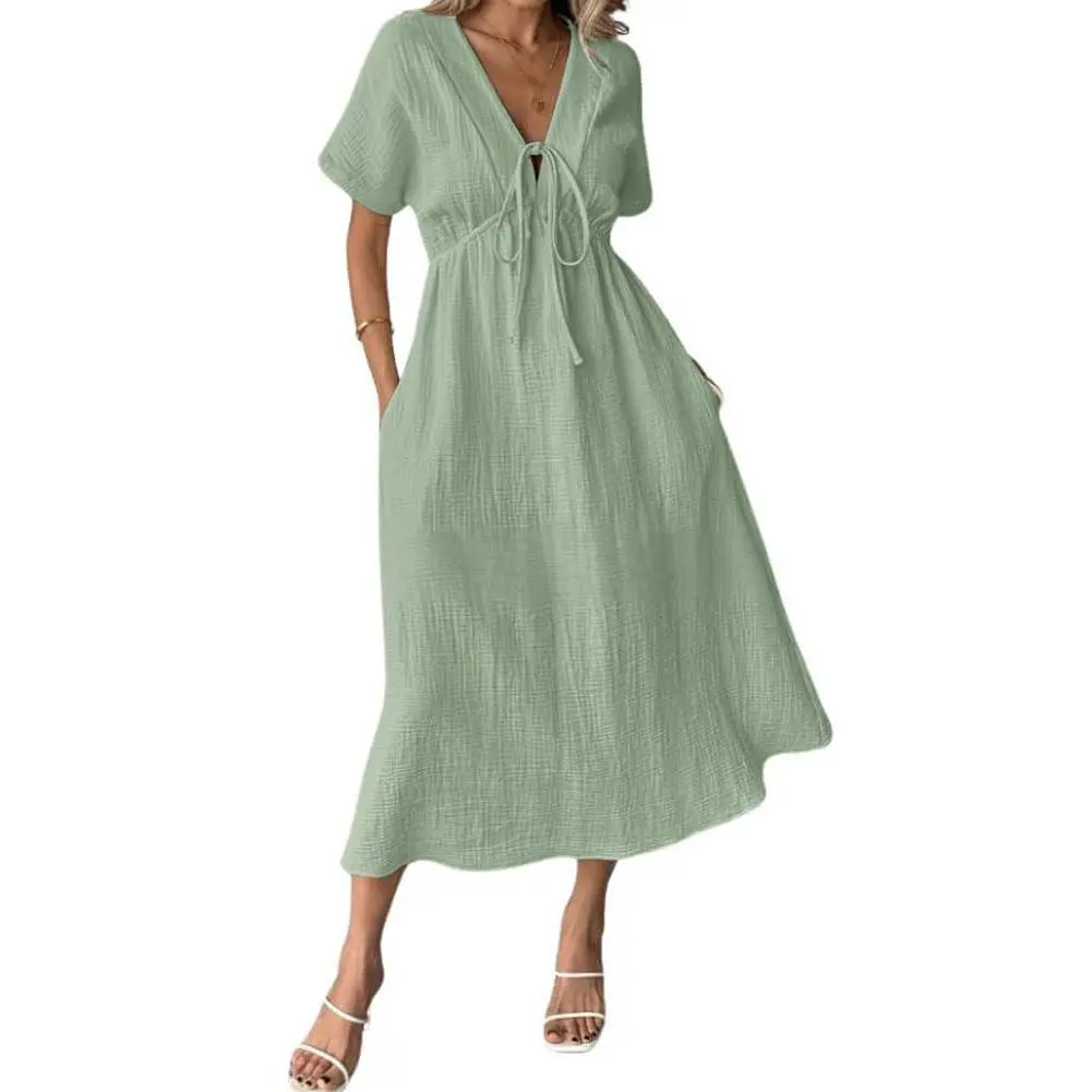 Women's Summer Solid-Color V-Neck Cotton Dress