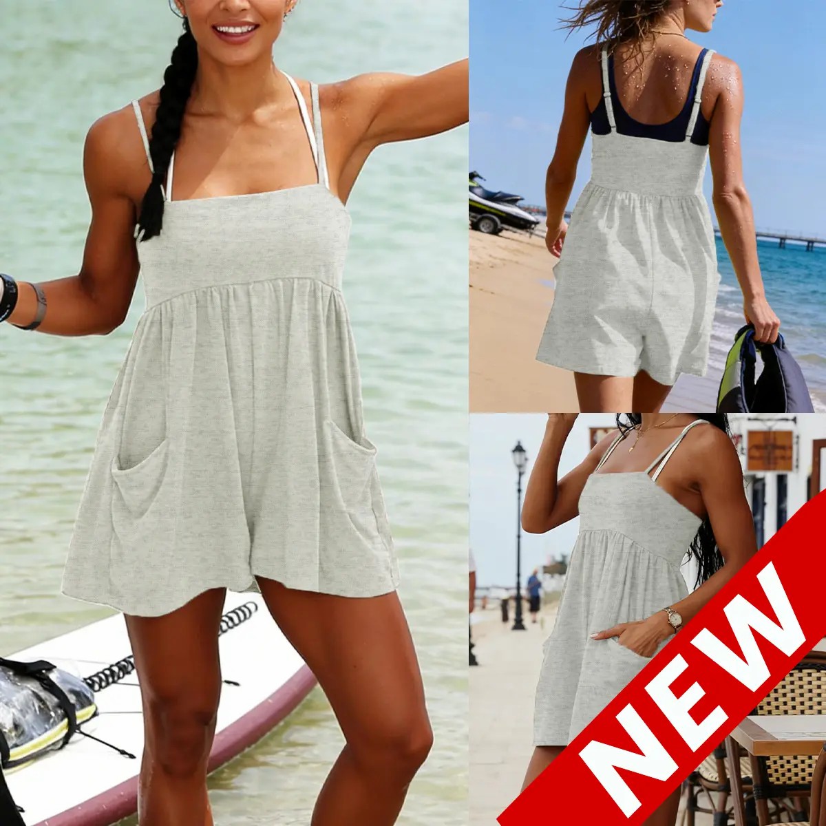 Women's Square Neck Backless Romper – Oversized Cotton Jumpsuit with Pockets & Adjustable Straps