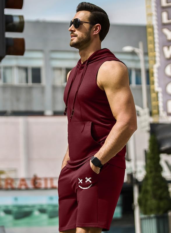 Men's Hoodie Short Set Workout Hooded Tank Top Solid Color 2 Piece Outfit Summer Sleeveless Tracksuits
