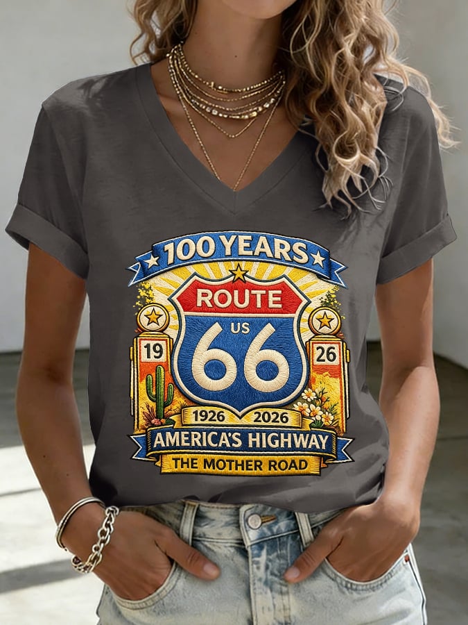 Women's Route 66 Centennial Mother Road Print Casual T-shirt
