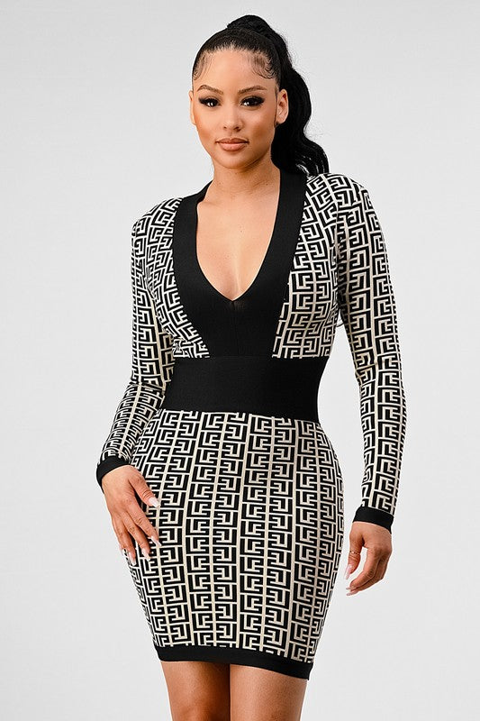 Nina's Black & White Print Bandage Mini Dress