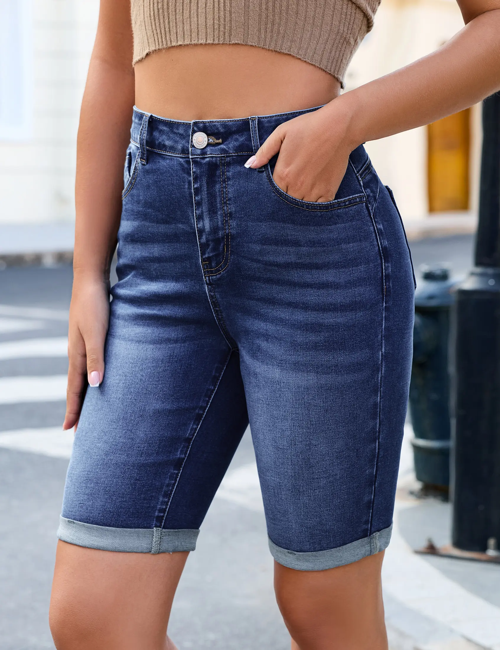 Women’s High‑Waisted Stretch Bermuda Jean Shorts