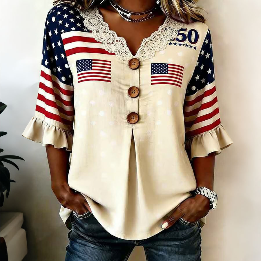 Women's Independence Day 250th Anniversary Commemorative Flag Flower Art Retro Printed Casual Top