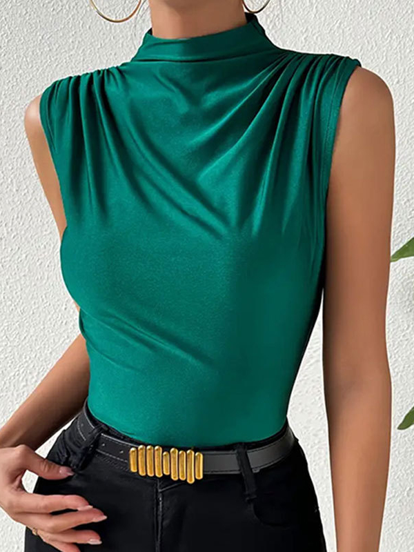 Pleated Solid Color Split-Joint Skinny Sleeveless High Neck Vest Top