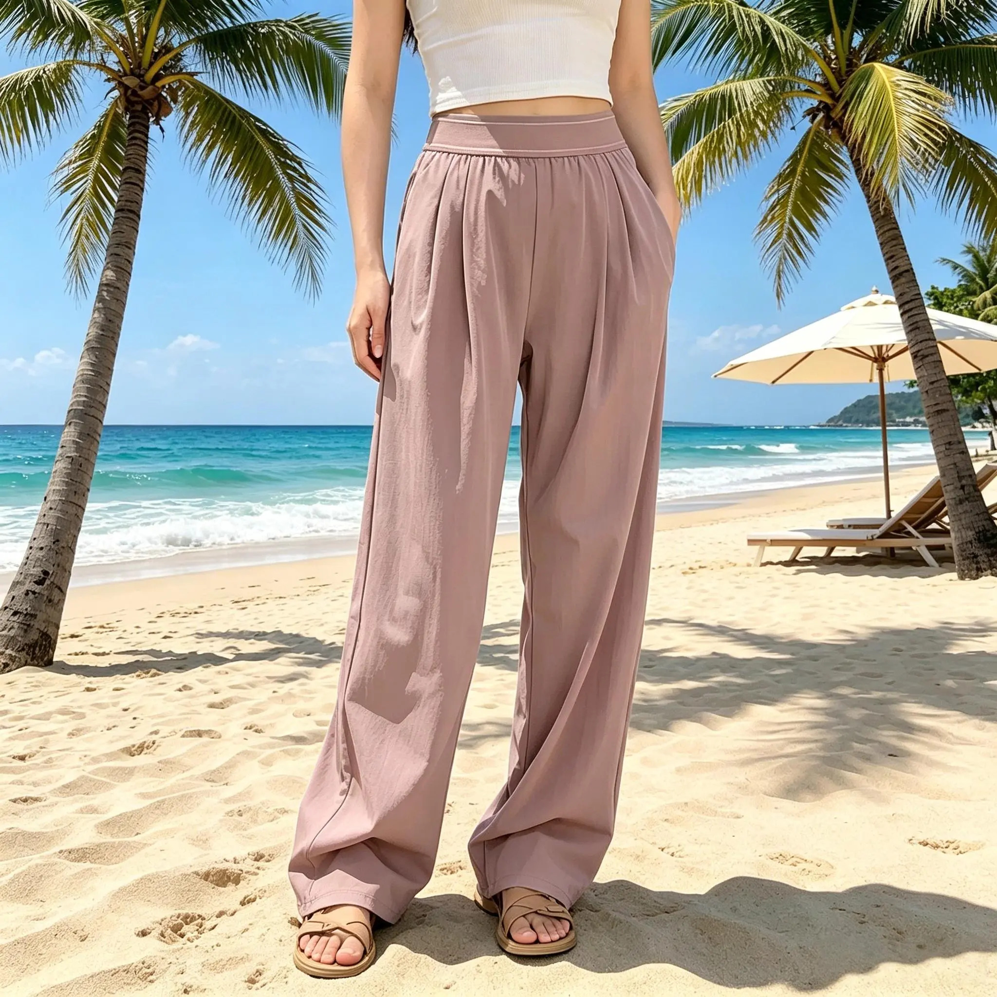 Women's High-Waisted Wide-Leg Casual Pants (with Pockets)
