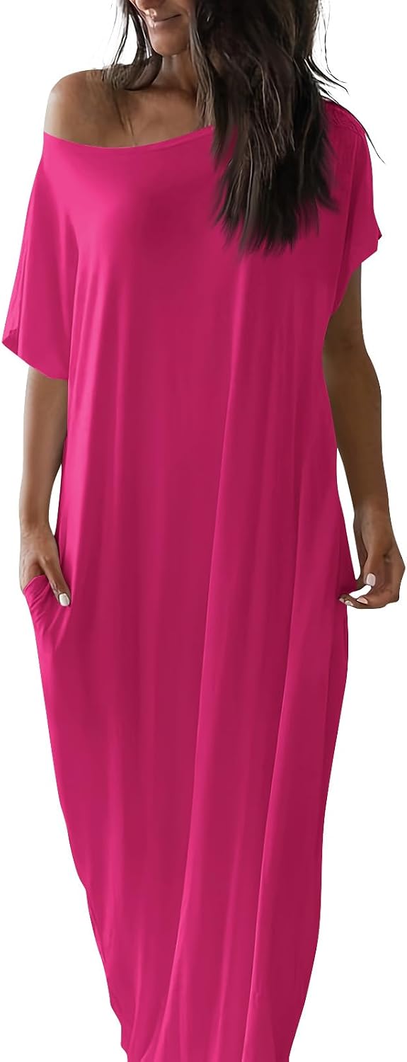 Womens Off the Shoulder Dress Batwing Short Sleeve Long Tshirt Dress with Pockets Casual Summer Loose Lounge Dresses