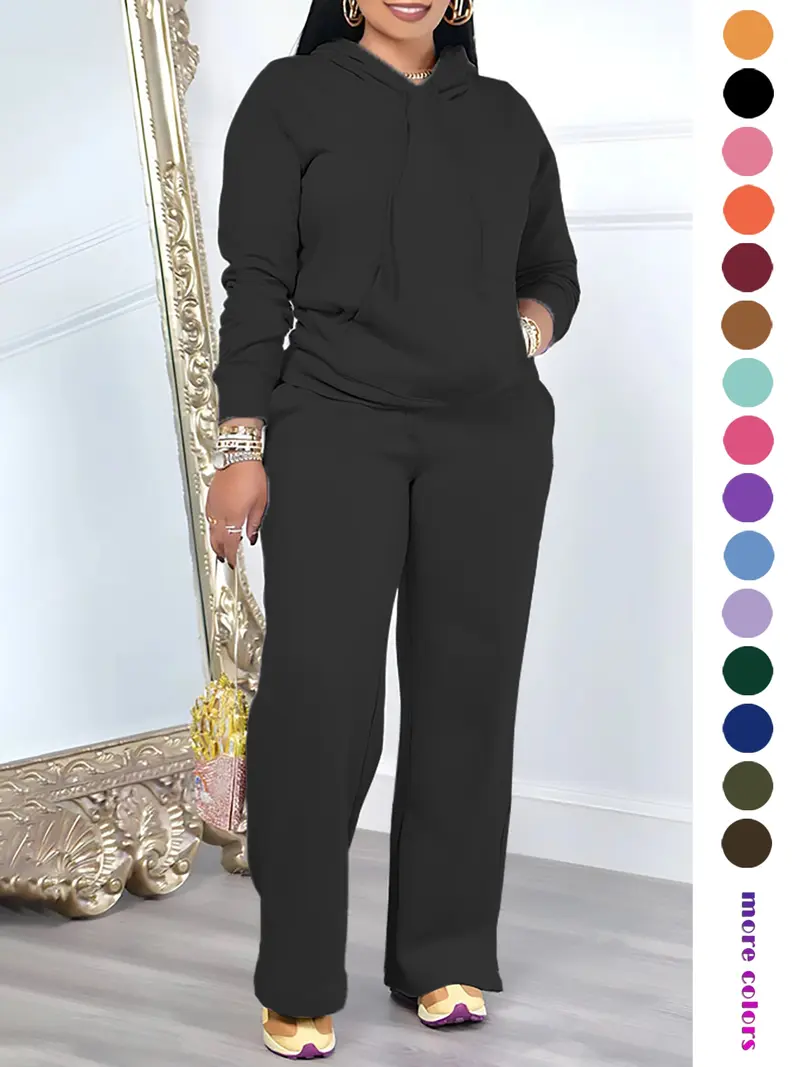 🔥Two-Piece Set Women's Solid Drawstring Hoodie & High Waist Pants Set, Casual Long Sleeve Pocket Hooded Sweatshirt & Straight Leg Trousers for Spring & Fall, Ladies' Clothes for Daily Wear