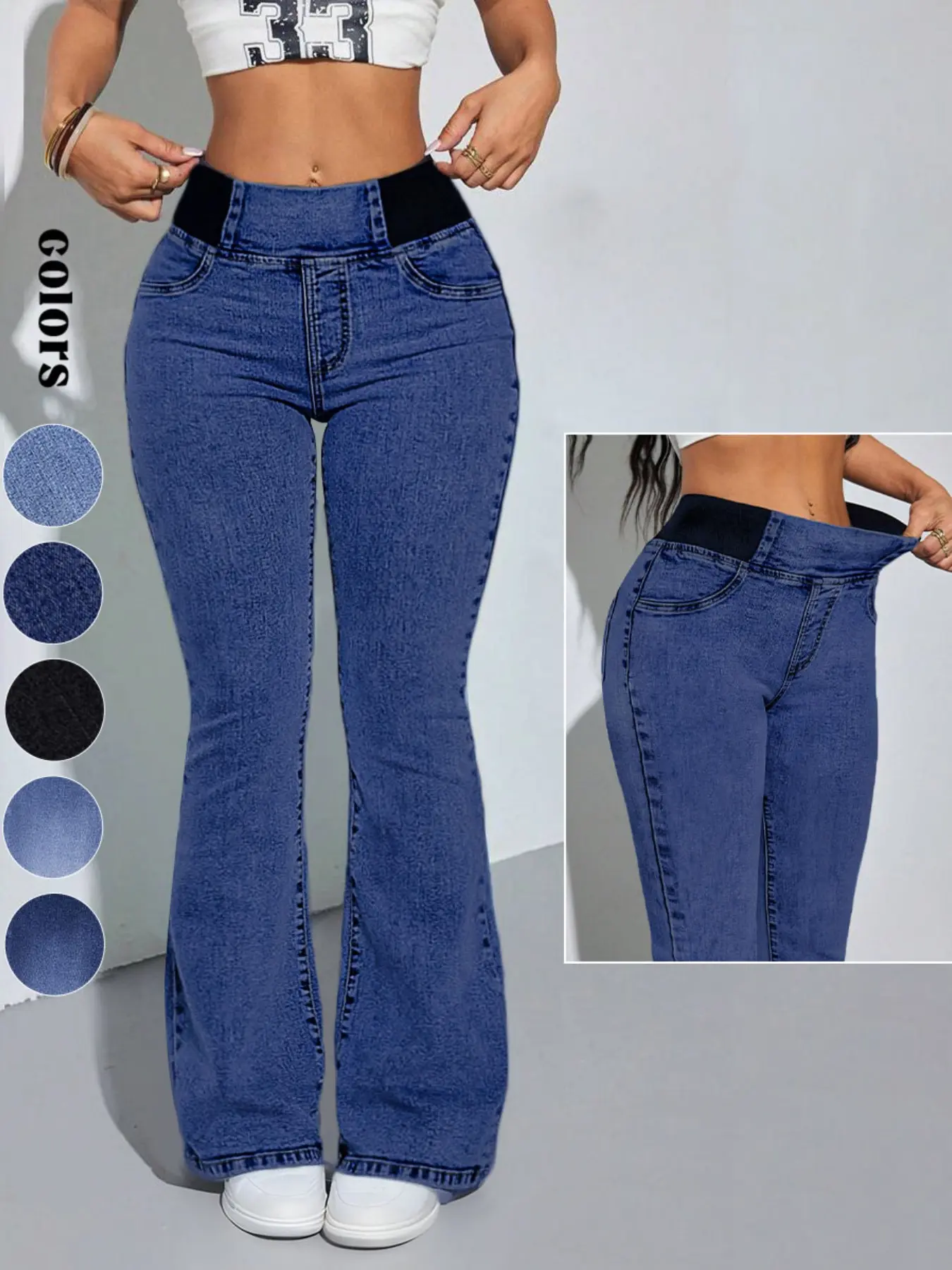 2026 Women's Back Shirred Jeans, Mid - Rise Elasticity Waist Flared Jeans, With Pockets
