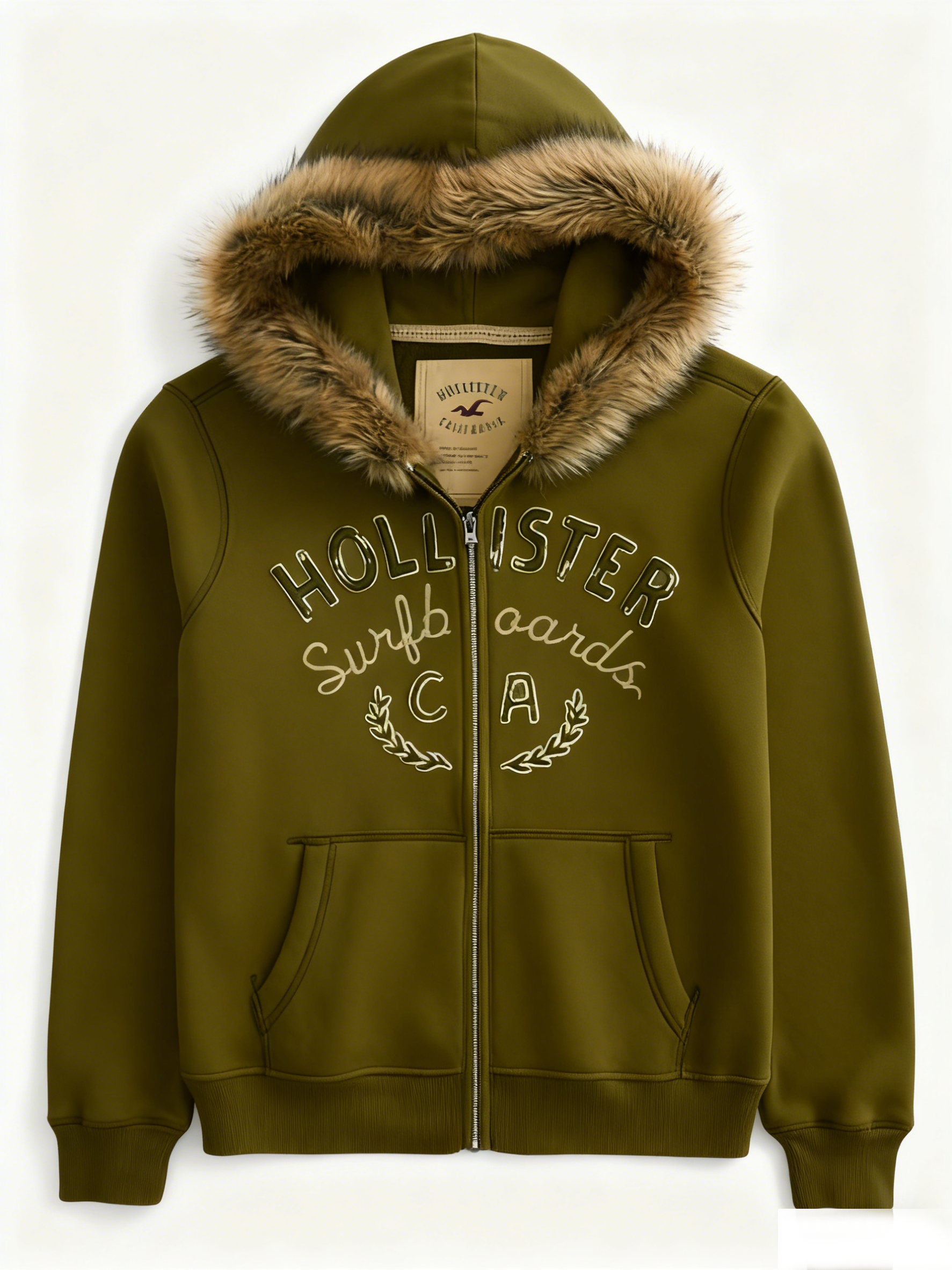 Faux Fur Trim Zip-Up Logo Graphic Hoodie