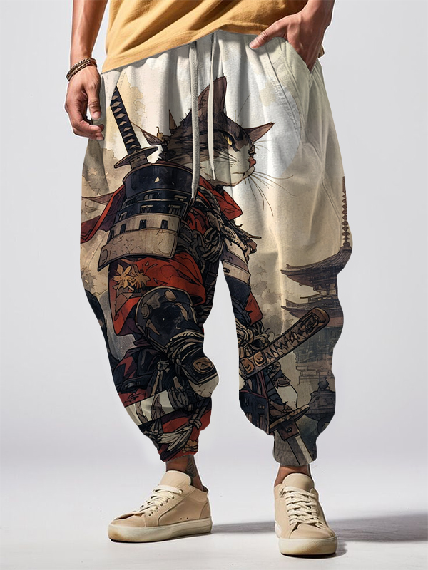 Men's Cat Warrior Guard With Knife Art Print Loose Drawstring Waist Sweatpants