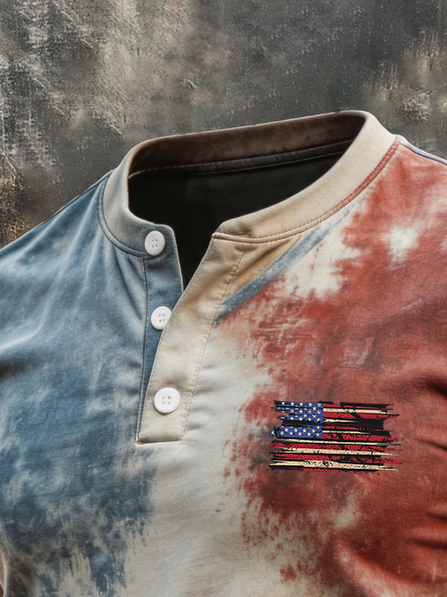Men's Retro Patriotic Color-Block Short-Sleeve Henley T-Shirt