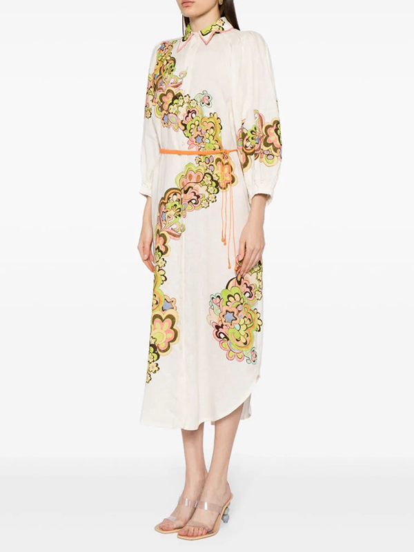 Flower Printed Three-Quarter Sleeves Elegant Midi Dresses