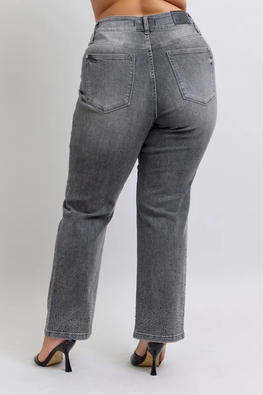 Blue Full Size High Waist Rhinestone Straight Jeans Plus Size