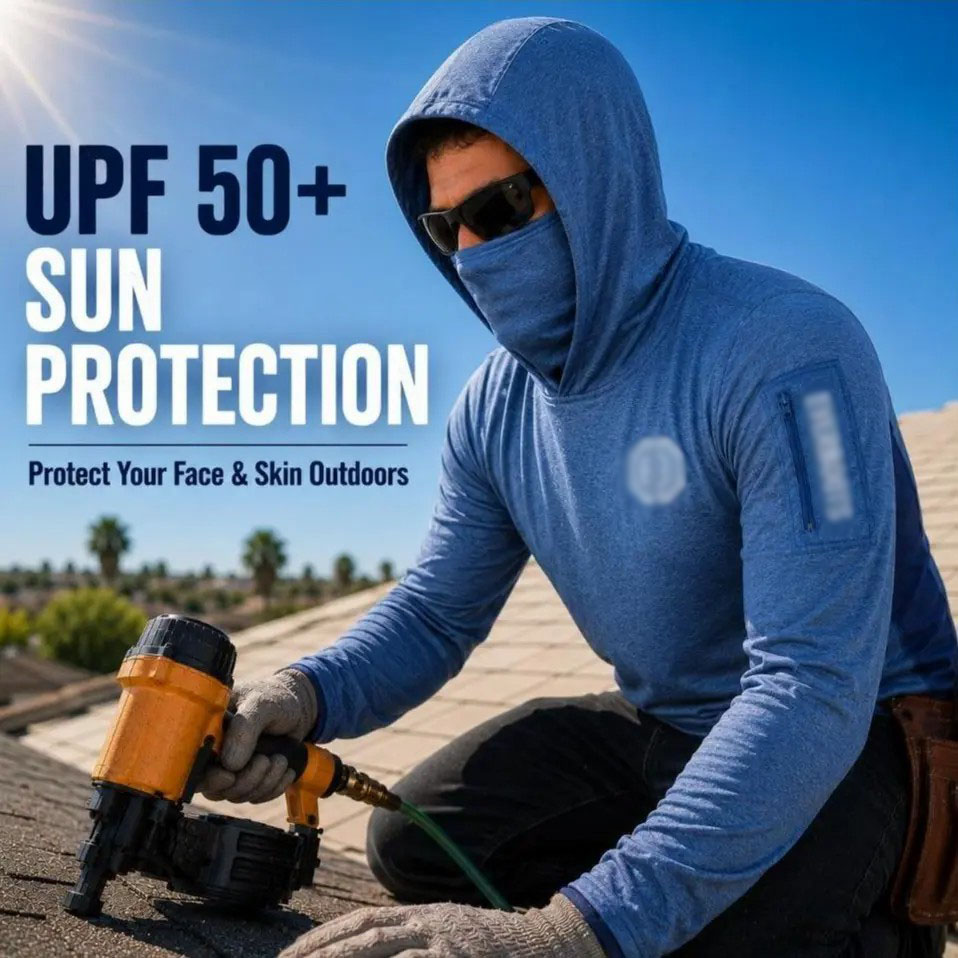 Men's UPF 50+ Sun Hoodie – Long Sleeve with Face Mask, Arm Pocket & Thumbholes, Lightweight Breathable Activewear