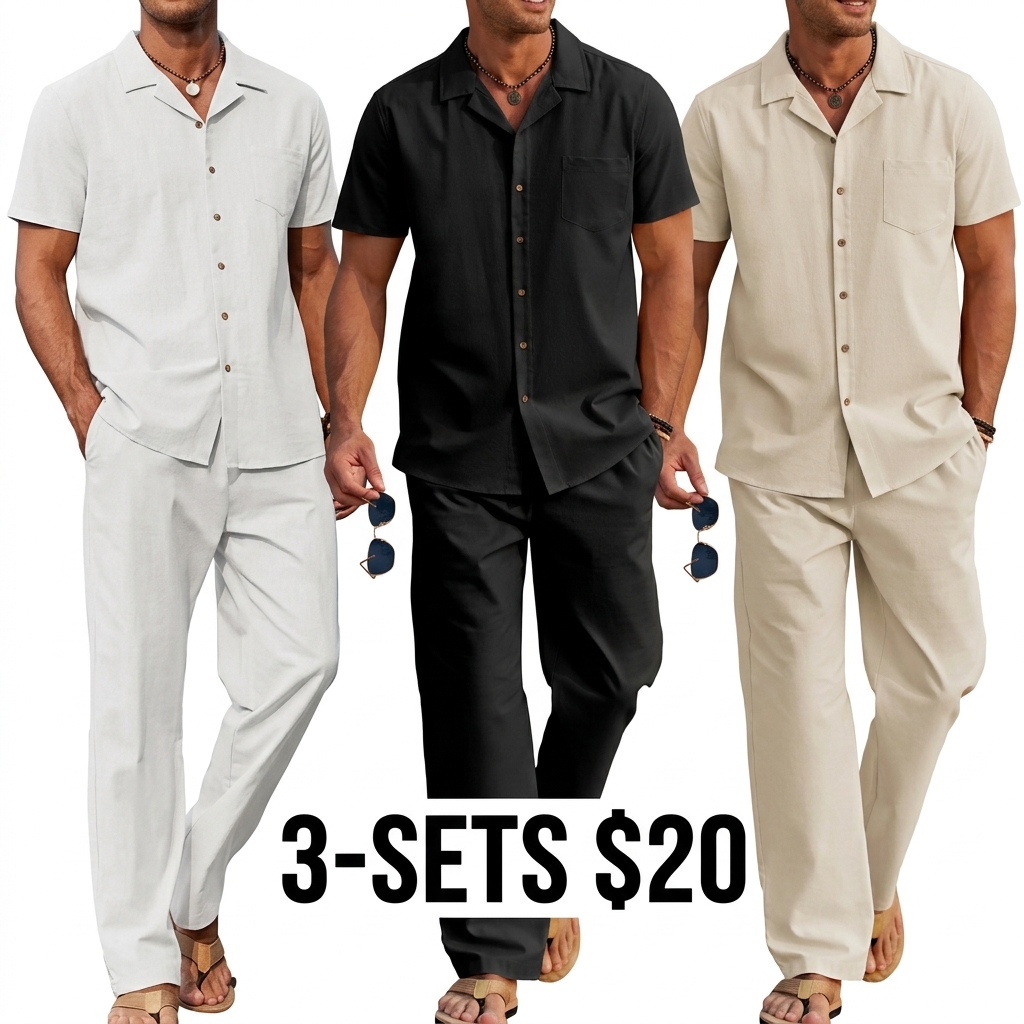 Men's 2-Pack Linen Beach Set – Camp Collar Button Down Shirt & Loose Drawstring Pants, Breathable Summer Outfit