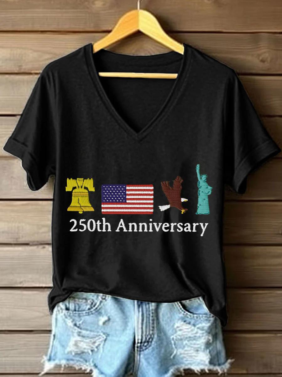 Women's 250th Anniversary Embroidery Pattern V-Neck T-Shirt