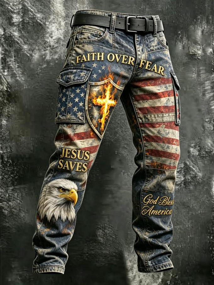 Men's Faith Over Fear American Flag Eagle Art Print Casual Pants