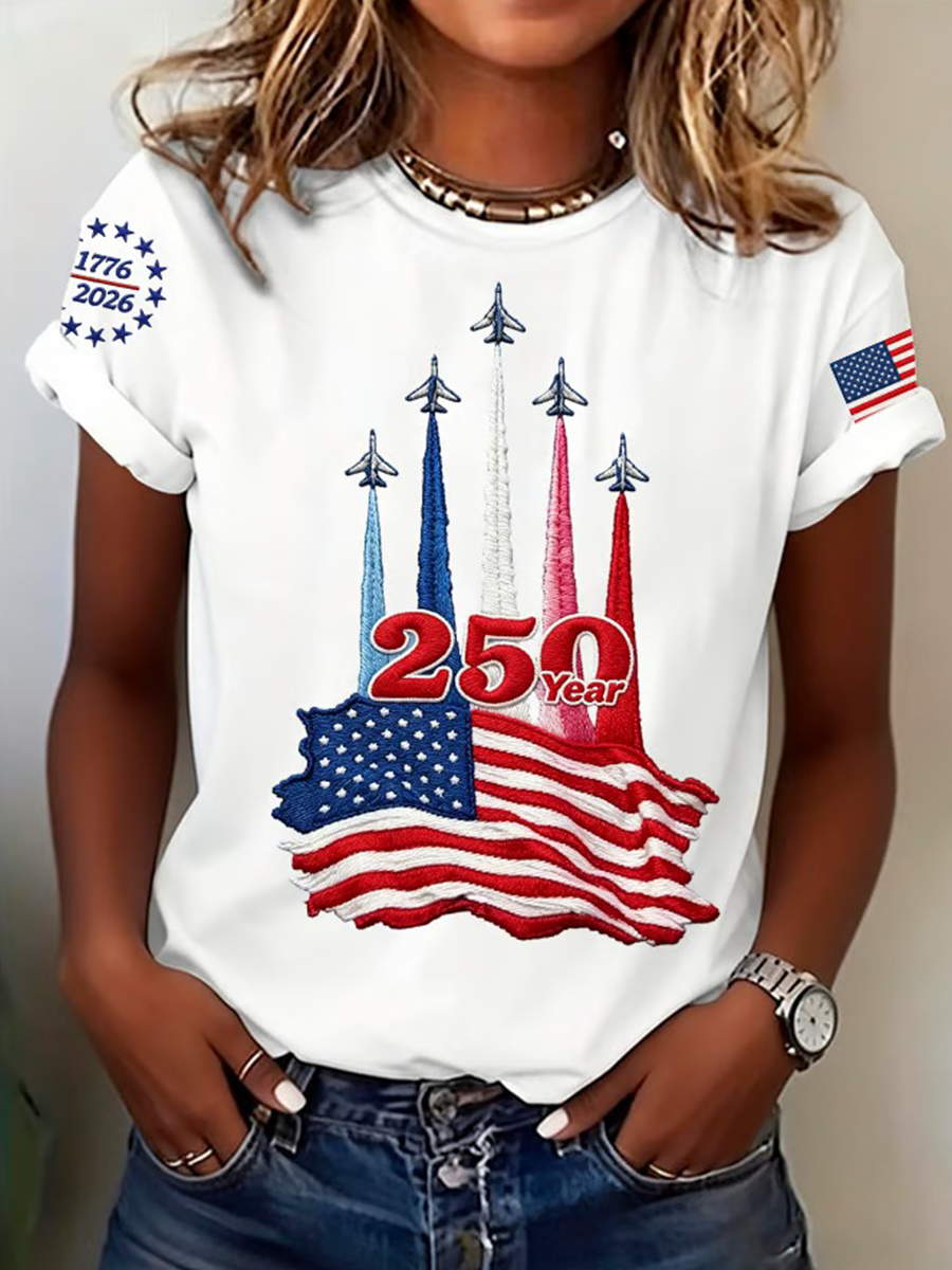 Ladies' Casual American 1776-2026 Anniversary Celebration Print Round Neck T-Shirt
