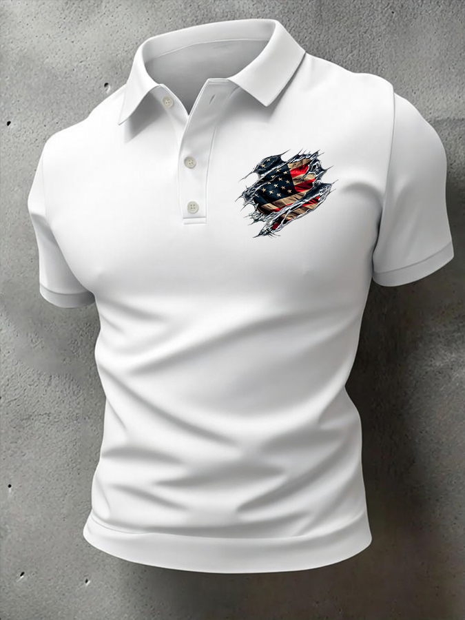Men'S American Flag Printed Casual Polo Shirt