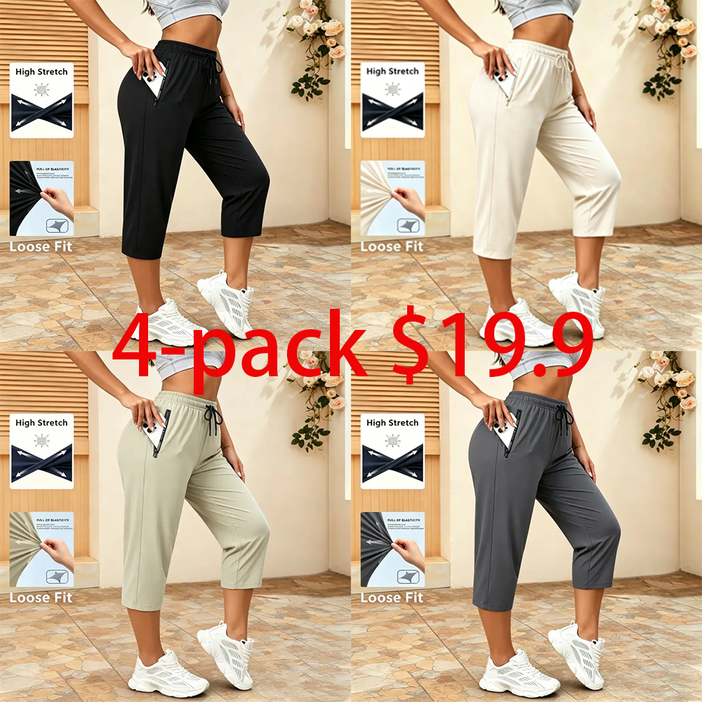 Last Chance Special! 8 Pieces for $24.9, Today Only! Women's Summer Casual Capris – Drawstring Waist with Zippered Pockets, Quick-Dry Athletic Pants for Running & Outdoor Sports