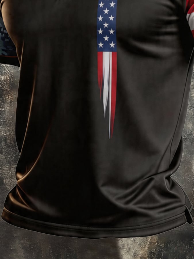 Men's Retro Patriotic Color-Block Short-Sleeve Polo Shirt
