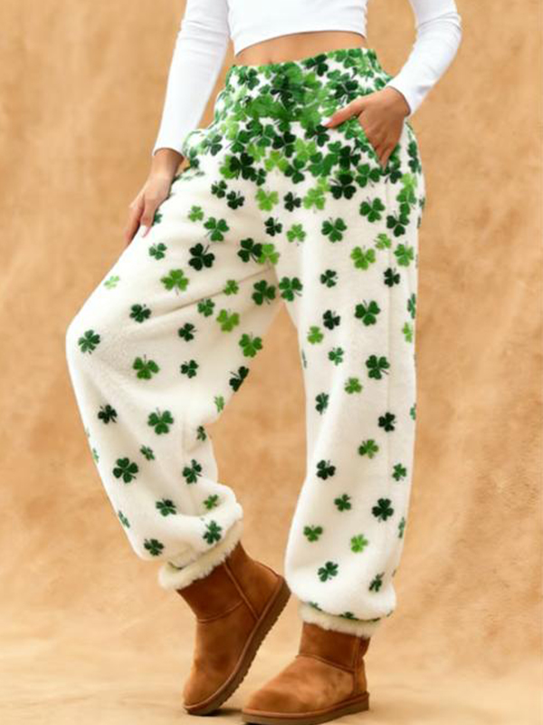 Women's St. Patrick's Day Clover Print Casual Flannel Pants