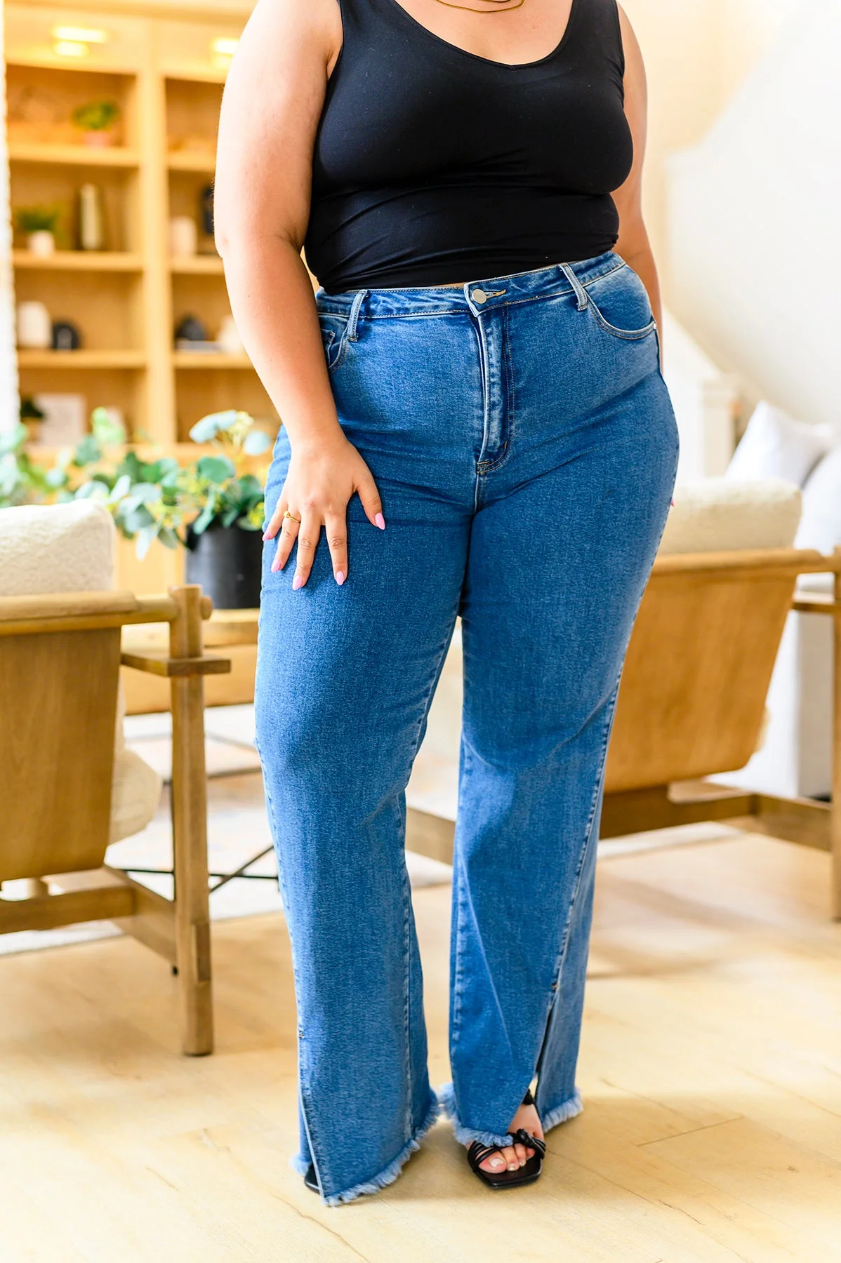 High Rise Split Hem Straight Jeans