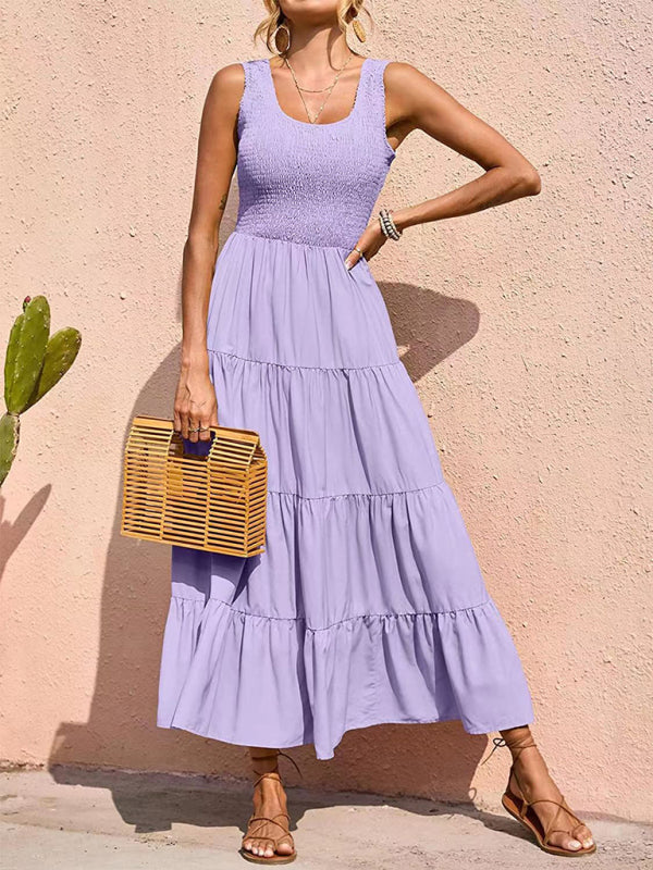 Spaghetti Strap Skirt Pleated Stitching A-Line Large Hem Dress