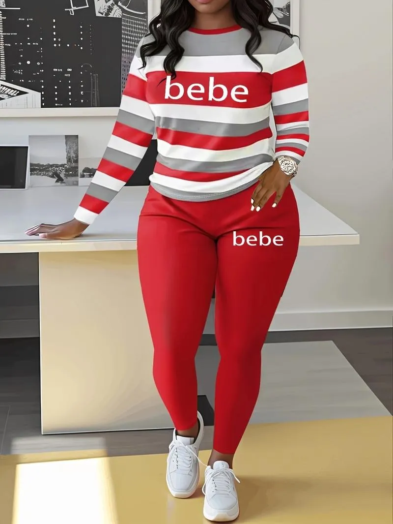 Women's Striped Bebe Letter Print Casual Autumn Winter Round Neck Long Sleeve Top & Pants Set