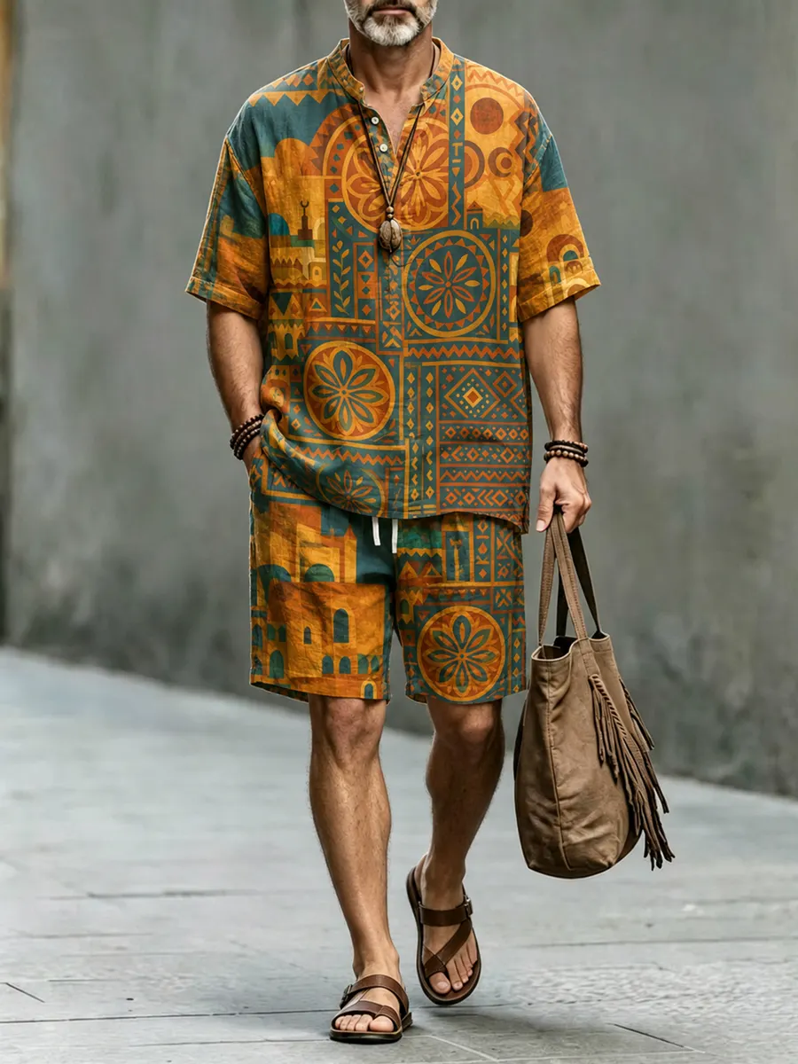 Men's Retro Abstract Geometric Art Print Casual Set